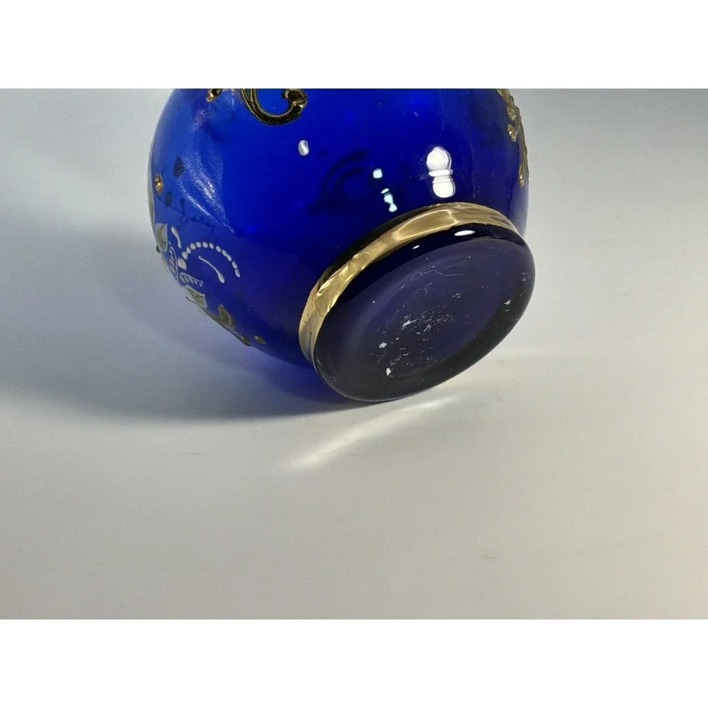 Cobalt Glass Blue Raised Enamel Floral Painting Gilded Gold‎ Filigree